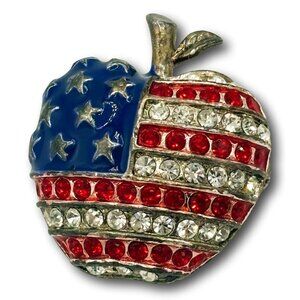 Vintage America Flag Patriotic Apple Rhinestone Brooch Jewelry
